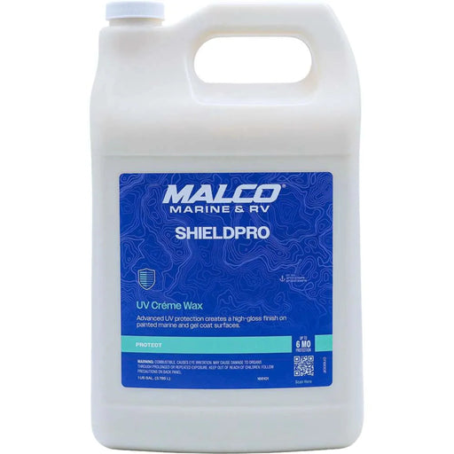 Gallon container of Malco Marine & RV ShieldPro UV Creme Wax on a white background