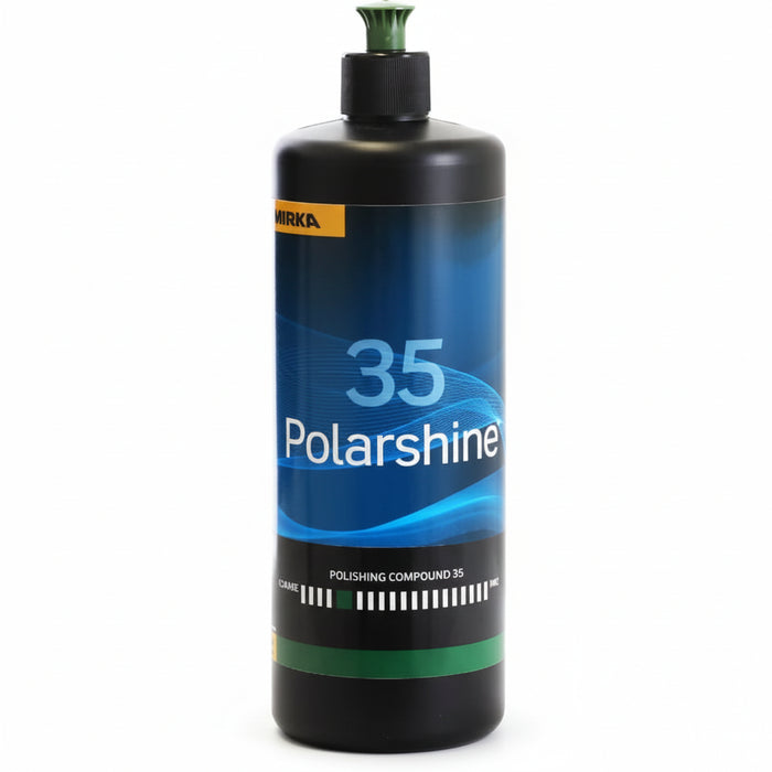 Bottle of Polarshine 35 polishing compound on a white background