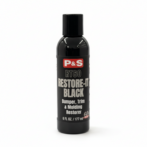Black bottle of P&S RT60 Restore-It Black bumper, trim & molding restorer with label.