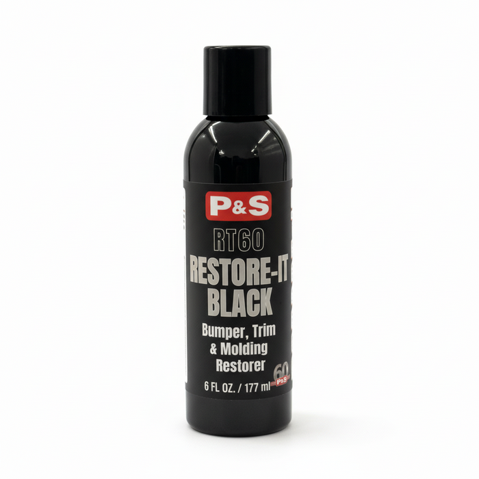 Black bottle of P&S RT60 Restore-It Black bumper, trim & molding restorer with label.