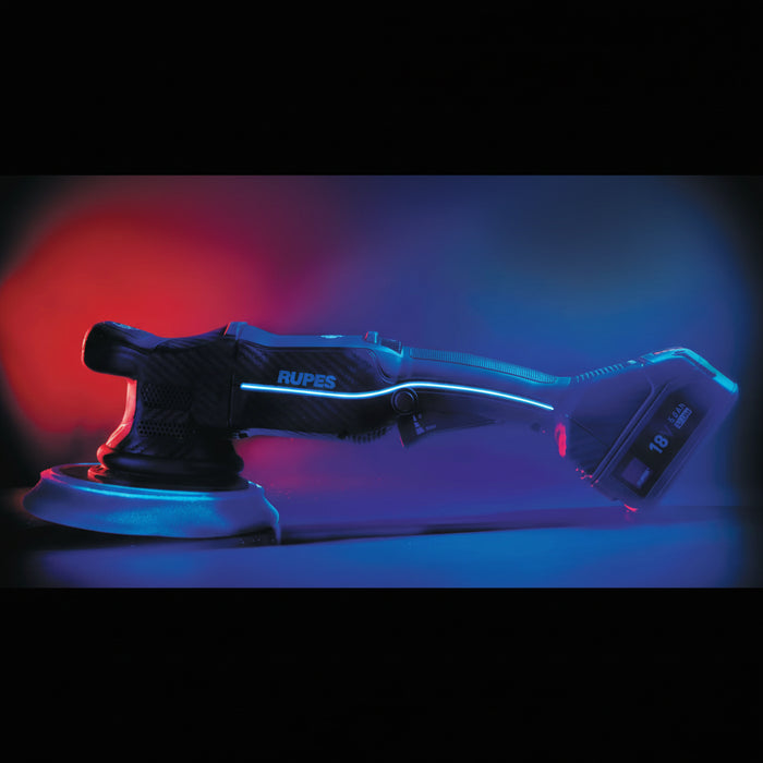Rupes polisher with blue and red lighting on a dark background